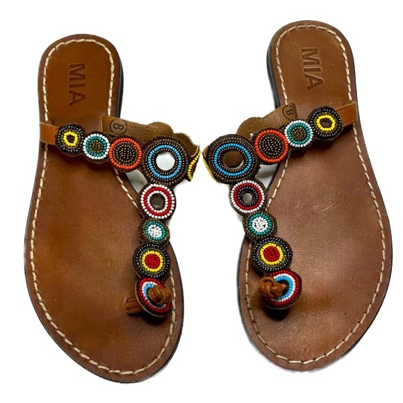 MIA Seed-bead Thong Sandals Flip Flop sz 8 Leather indigenous Design - Picture 1 of 7